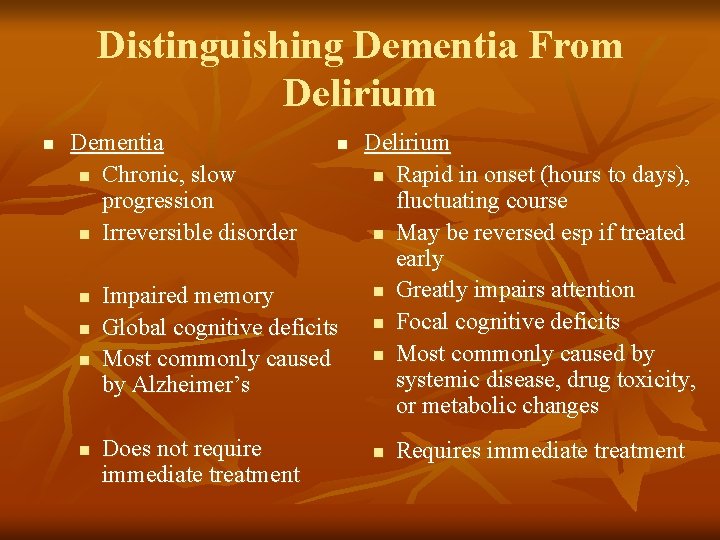 Distinguishing Dementia From Delirium n Dementia n Chronic, slow progression n Irreversible disorder n