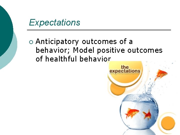 Expectations ¡ Anticipatory outcomes of a behavior; Model positive outcomes of healthful behavior 