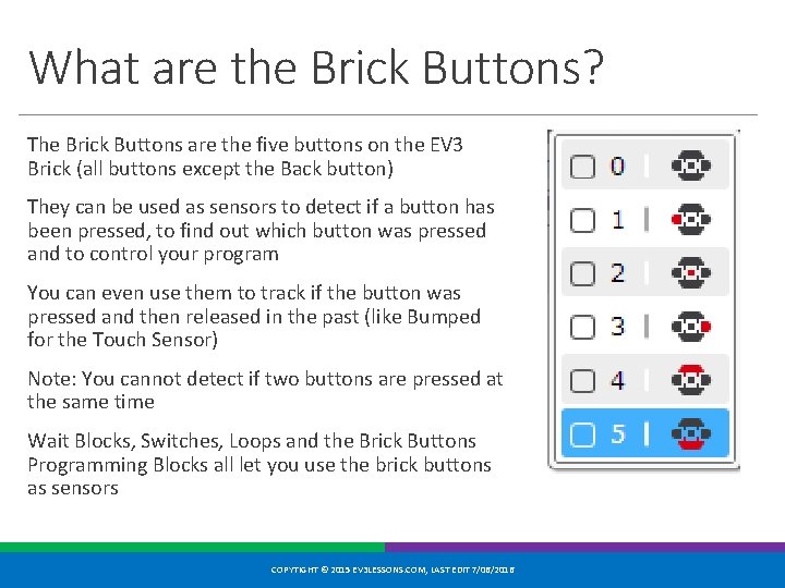 What are the Brick Buttons? The Brick Buttons are the five buttons on the