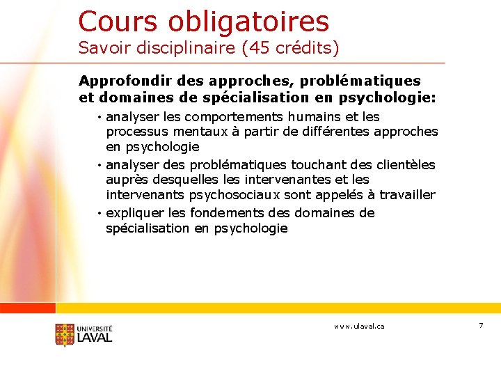 Cours obligatoires Savoir disciplinaire (45 crédits) Approfondir des approches, problématiques et domaines de spécialisation