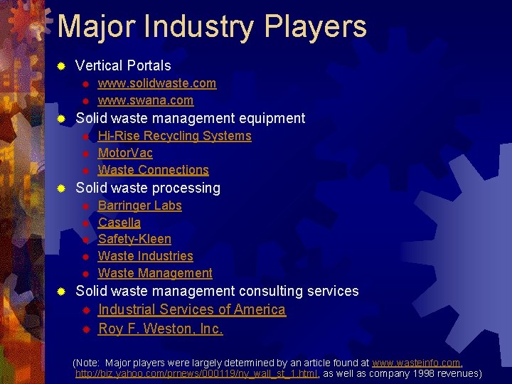 Major Industry Players ® Vertical Portals ® ® ® Solid waste management equipment ®
