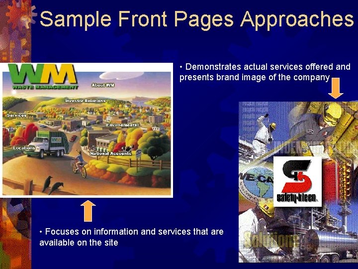 Sample Front Pages Approaches • Demonstrates actual services offered and presents brand image of