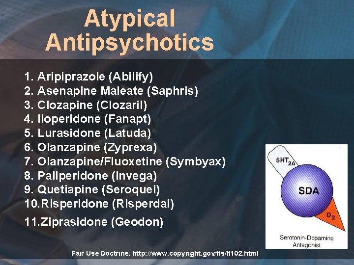 Atypical Antipsychotics 1. Aripiprazole (Abilify) 2. Asenapine Maleate (Saphris) 3. Clozapine (Clozaril) 4. Iloperidone