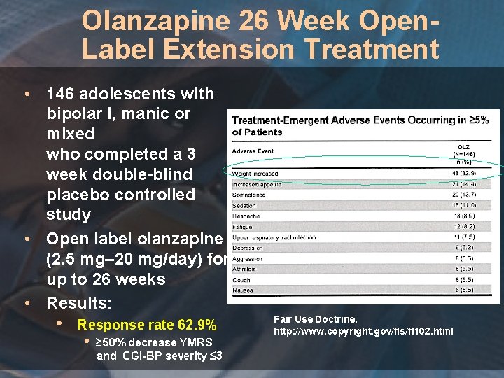 Olanzapine 26 Week Open. Label Extension Treatment • 146 adolescents with bipolar I, manic