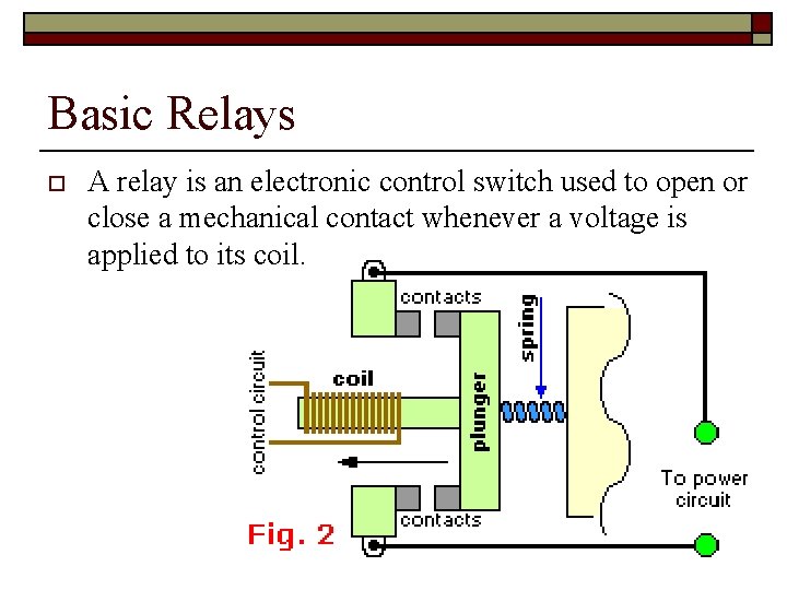 Basic Relays o A relay is an electronic control switch used to open or