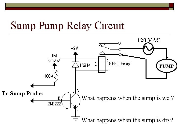 Sump Pump Relay Circuit 120 VAC PUMP To Sump Probes What happens when the