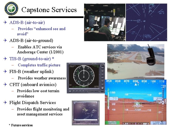 Capstone Services Q ADS-B (air-to-air) – Provides “enhanced see and avoid” Q ADS-B (air-to-ground)