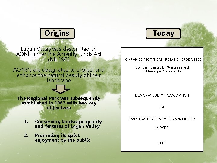 Origins Lagan Valley was designated an AONB under the Amenity Lands Act (NI) 1965