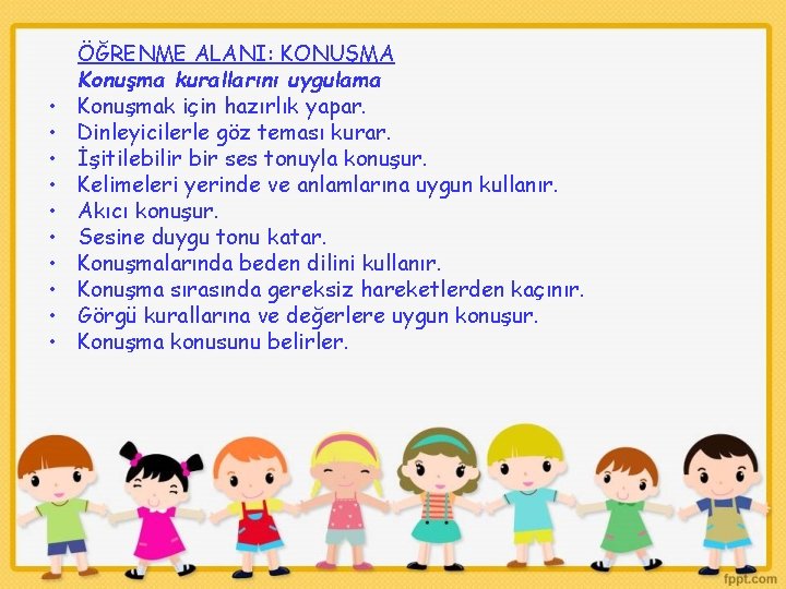  • • • ÖĞRENME ALANI: KONUŞMA Konuşma kurallarını uygulama Konuşmak için hazırlık yapar.