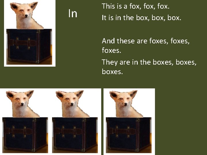 In This is a fox, fox. It is in the box, box. And these