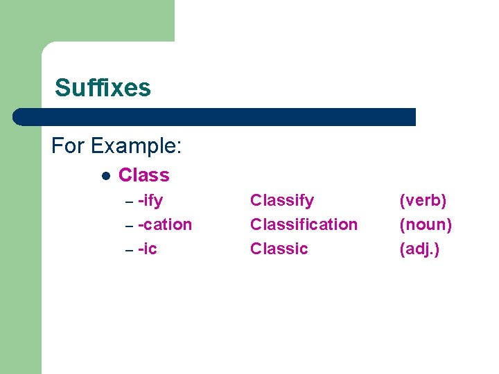 Suffixes For Example: l Class -ify – -cation – -ic – Classify Classification Classic