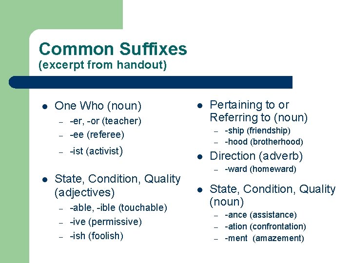 Common Suffixes (excerpt from handout) l One Who (noun) – -er, -or (teacher) -ee