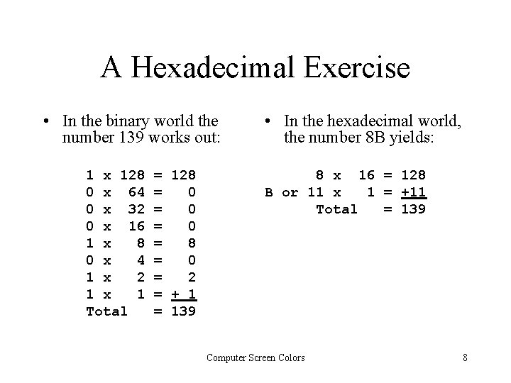 A Hexadecimal Exercise • In the binary world the number 139 works out: 1