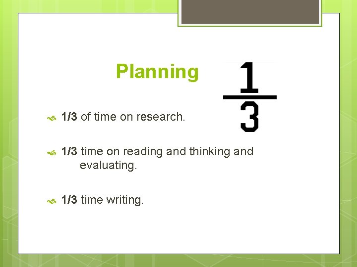 Planning 1/3 of time on research. 1/3 time on reading and thinking and evaluating.