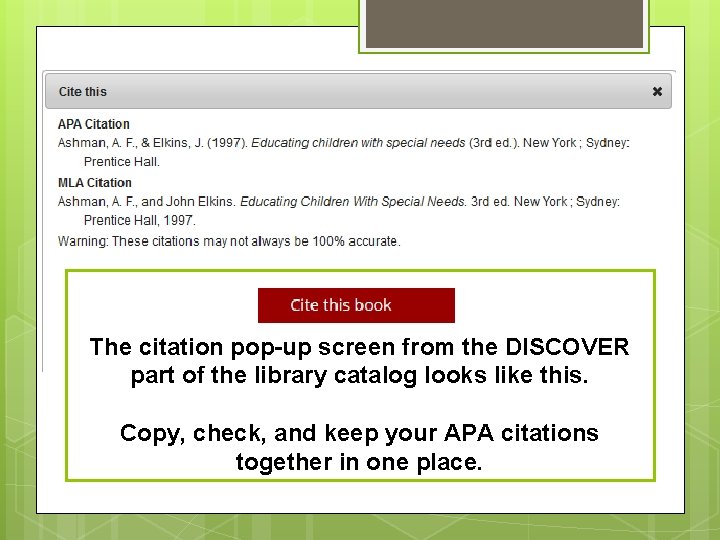 The citation pop-up screen from the DISCOVER part of the library catalog looks like