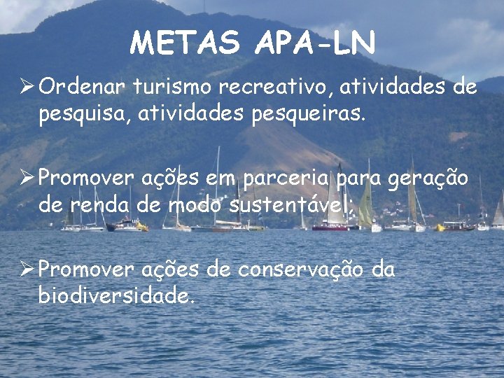 METAS APA-LN Ø Ordenar turismo recreativo, atividades de pesquisa, atividades pesqueiras. Ø Promover ações