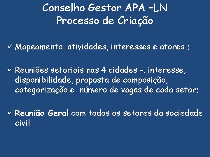 Conselho Gestor APA –LN Processo de Criação ü Mapeamento atividades, interesses e atores ;