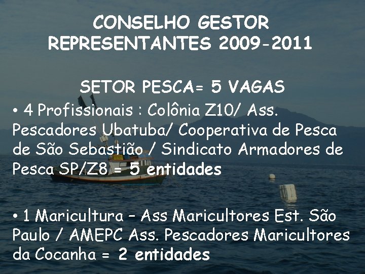 CONSELHO GESTOR REPRESENTANTES 2009 -2011 SETOR PESCA= 5 VAGAS • 4 Profissionais : Colônia