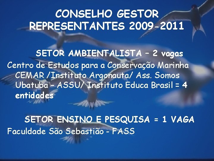 CONSELHO GESTOR REPRESENTANTES 2009 -2011 SETOR AMBIENTALISTA – 2 vagas Centro de Estudos para