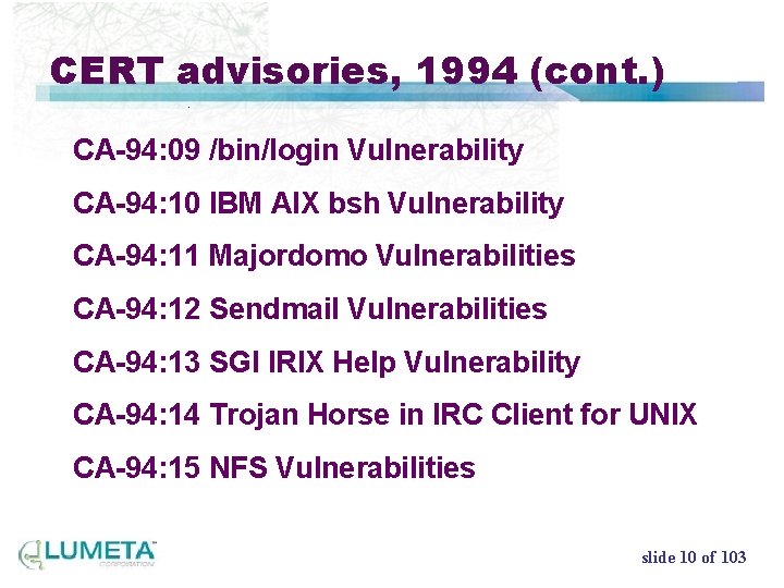 CERT advisories, 1994 (cont. ) CA-94: 09 /bin/login Vulnerability CA-94: 10 IBM AIX bsh