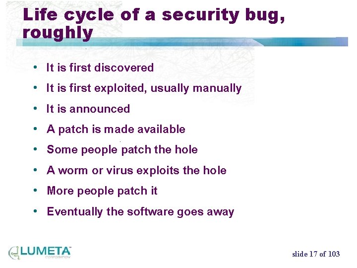 Life cycle of a security bug, roughly • It is first discovered • It