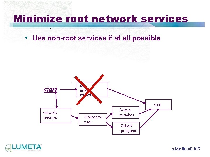Minimize root network services • Use non-root services if at all possible start root
