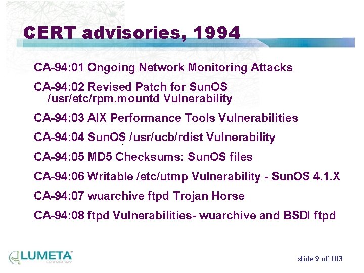 CERT advisories, 1994 CA-94: 01 Ongoing Network Monitoring Attacks CA-94: 02 Revised Patch for