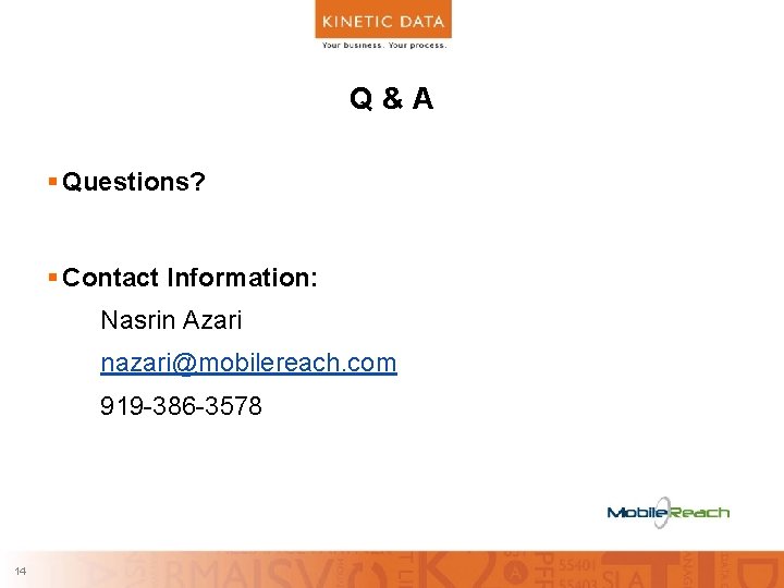 Q&A § Questions? § Contact Information: Nasrin Azari nazari@mobilereach. com 919 -386 -3578 14
