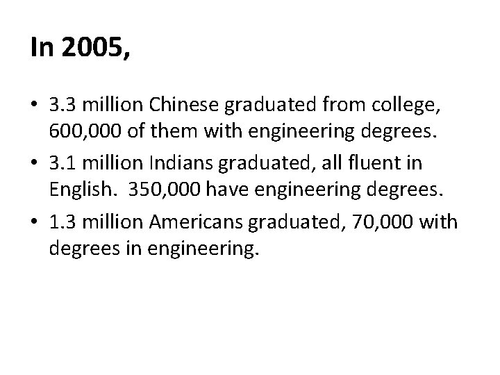 In 2005, • 3. 3 million Chinese graduated from college, 600, 000 of them