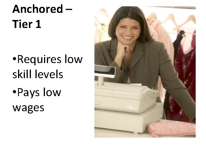 Anchored – Tier 1 • Requires low skill levels • Pays low wages 