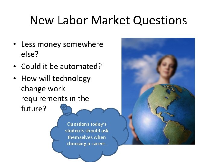 New Labor Market Questions • Less money somewhere else? • Could it be automated?