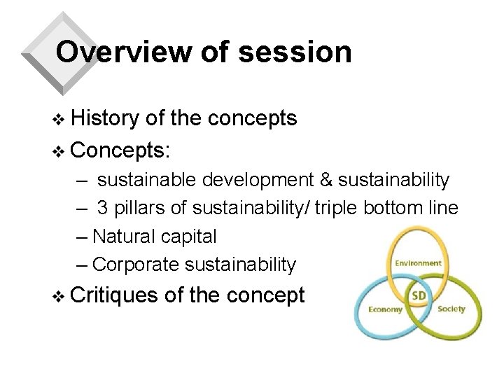 Overview of session v History of the concepts v Concepts: – sustainable development &