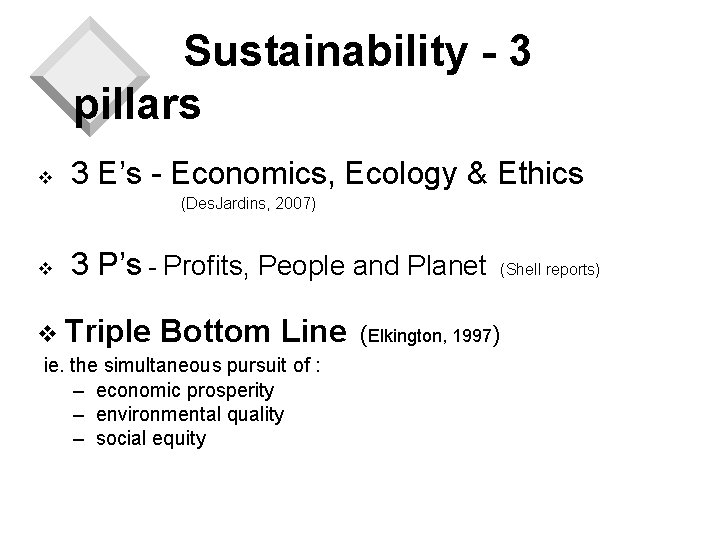 Sustainability - 3 pillars v 3 E’s - Economics, Ecology & Ethics (Des. Jardins,