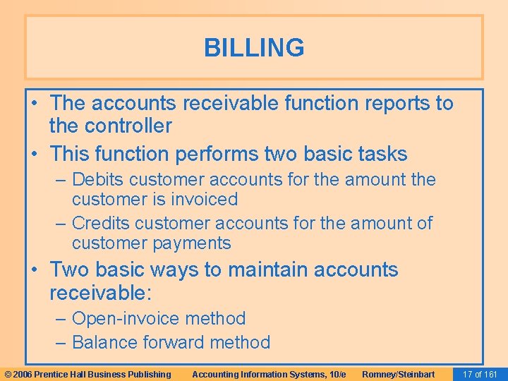BILLING • The accounts receivable function reports to the controller • This function performs