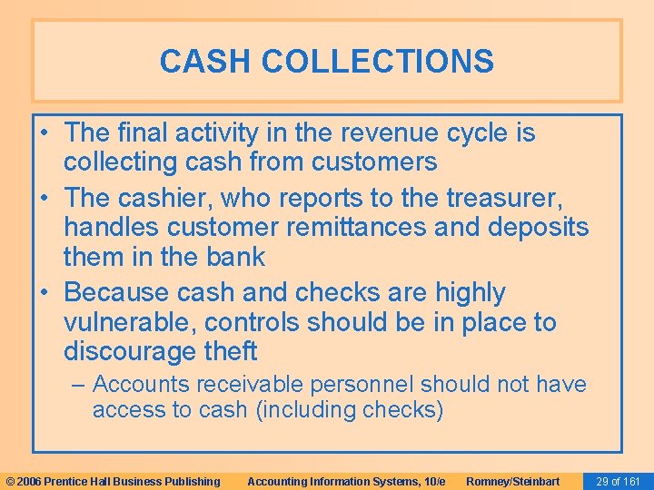 CASH COLLECTIONS • The final activity in the revenue cycle is collecting cash from