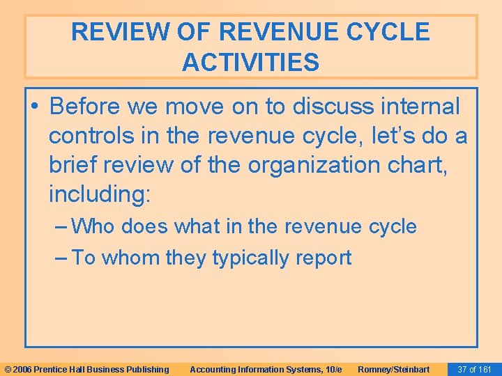 REVIEW OF REVENUE CYCLE ACTIVITIES • Before we move on to discuss internal controls