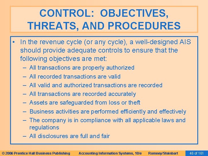 CONTROL: OBJECTIVES, THREATS, AND PROCEDURES • In the revenue cycle (or any cycle), a