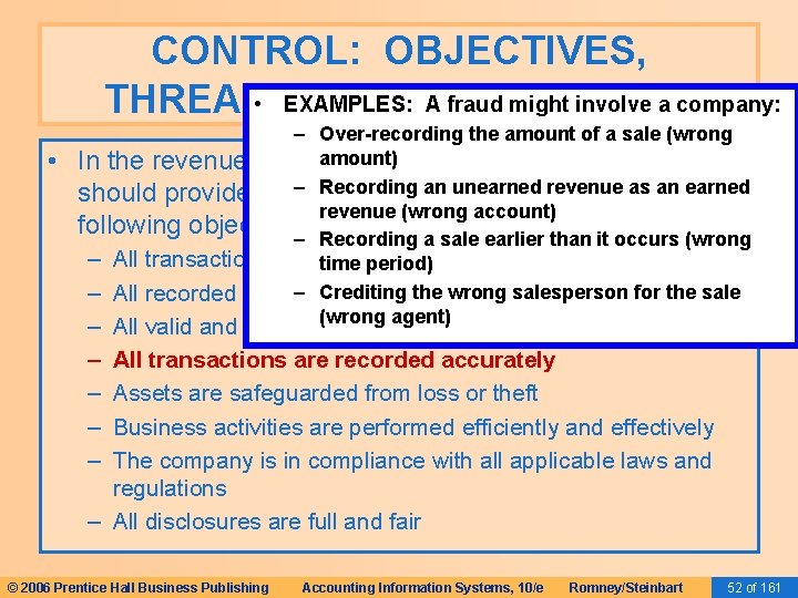 CONTROL: OBJECTIVES, • EXAMPLES: A fraud might involve a company: THREATS, AND PROCEDURES •
