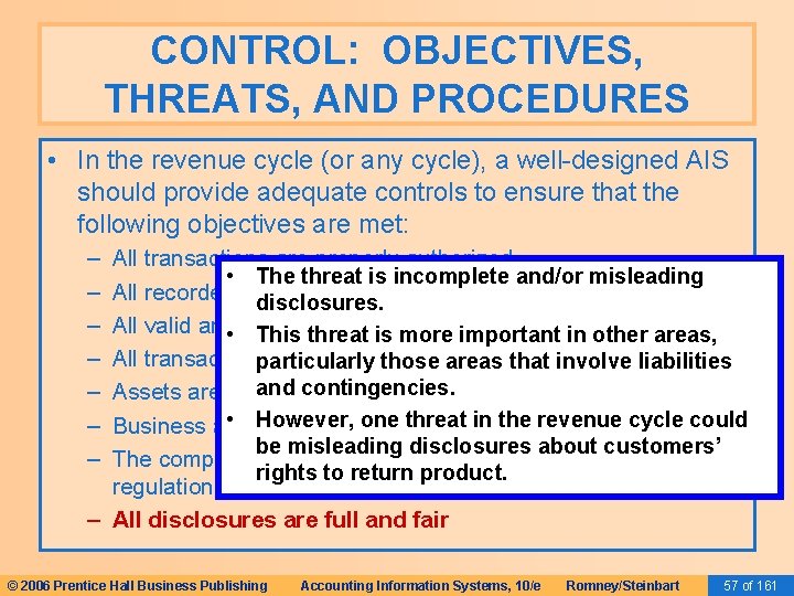 CONTROL: OBJECTIVES, THREATS, AND PROCEDURES • In the revenue cycle (or any cycle), a