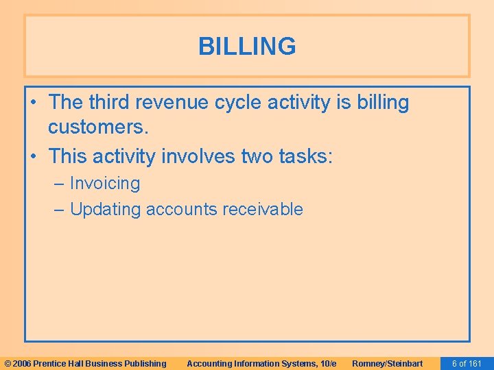 BILLING • The third revenue cycle activity is billing customers. • This activity involves