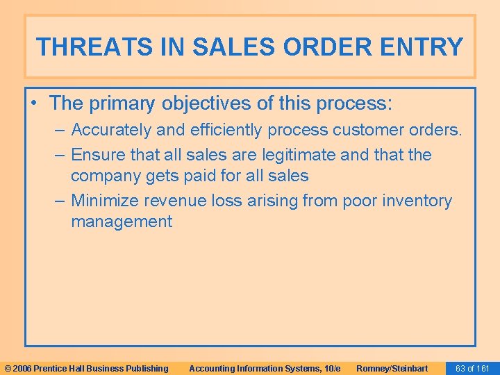 THREATS IN SALES ORDER ENTRY • The primary objectives of this process: – Accurately