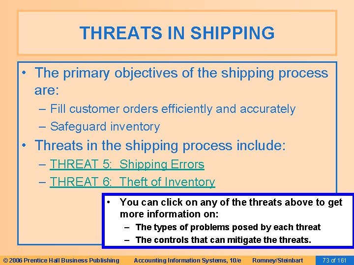 THREATS IN SHIPPING • The primary objectives of the shipping process are: – Fill
