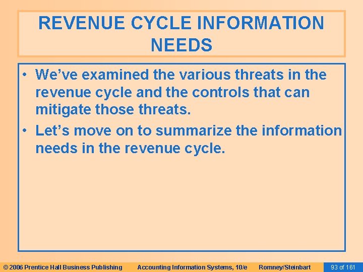 REVENUE CYCLE INFORMATION NEEDS • We’ve examined the various threats in the revenue cycle