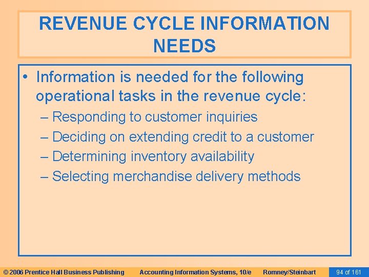 REVENUE CYCLE INFORMATION NEEDS • Information is needed for the following operational tasks in