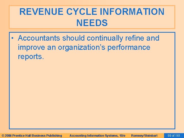 REVENUE CYCLE INFORMATION NEEDS • Accountants should continually refine and improve an organization’s performance