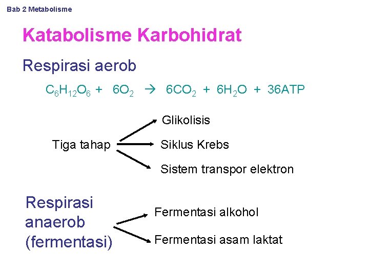 Bab 2 Metabolisme Karbohidrat Respirasi aerob C 6 H 12 O 6 + 6