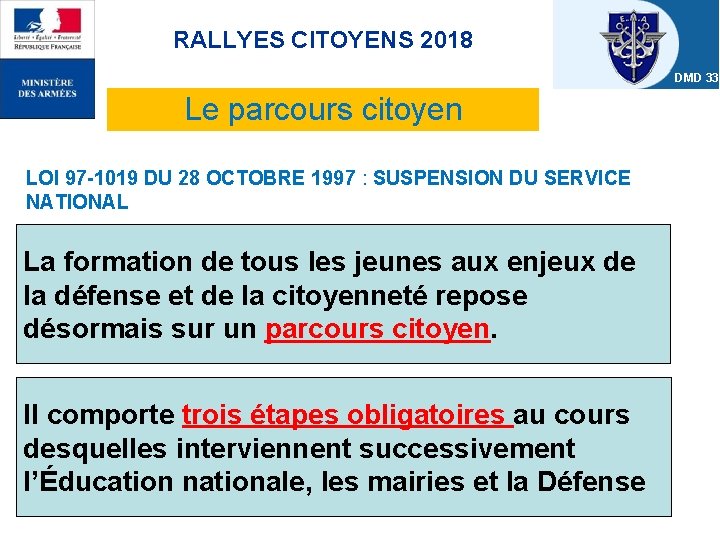 RALLYES CITOYENS 2018 DMD 33 Le parcours citoyen LOI 97 -1019 DU 28 OCTOBRE