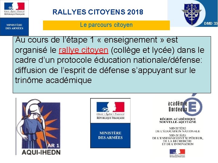 RALLYES CITOYENS 2018 Le parcours citoyen DMD 33 Au cours de l’étape 1 «