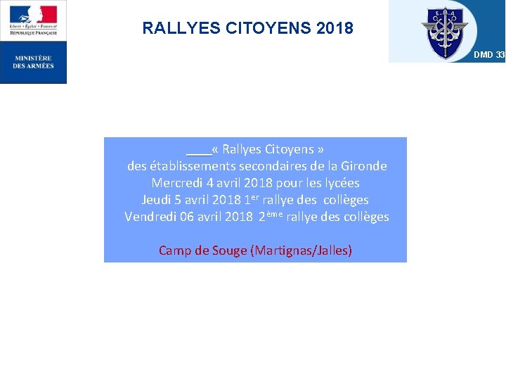 RALLYES CITOYENS 2018 DMD 33 « Rallyes Citoyens » des établissements secondaires de la