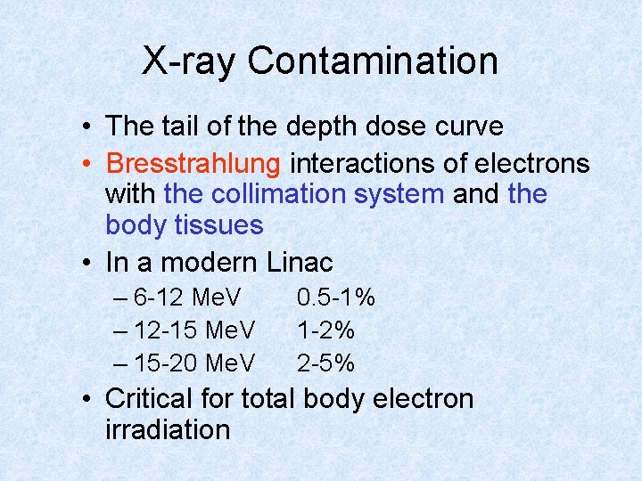 X-ray Contamination • The tail of the depth dose curve • Bresstrahlung interactions of